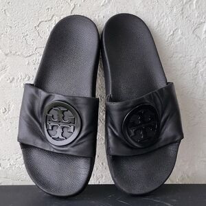 Tory Burch Lina Womens sz 8M Black Leather Slip On Slides Sandals